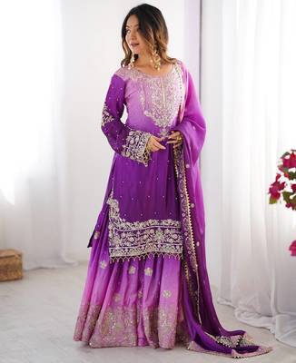 Purple Color Dori,Sequence And Rivet Moti Work Chinon Silk Top Bottom Dupatta Set 1
