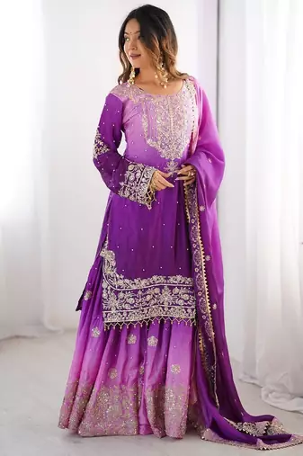 Purple Color Dori,Sequence And Rivet Moti Work Chinon Silk Top Bottom Dupatta Set