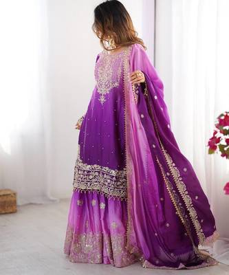 Purple Color Dori,Sequence And Rivet Moti Work Chinon Silk Top Bottom Dupatta Set 3