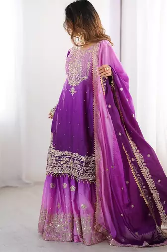 Purple Color Dori,Sequence And Rivet Moti Work Chinon Silk Top Bottom Dupatta Set