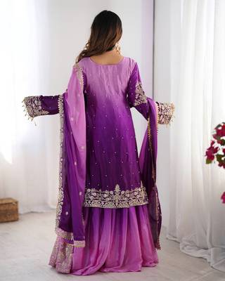 Purple Color Dori,Sequence And Rivet Moti Work Chinon Silk Top Bottom Dupatta Set 4