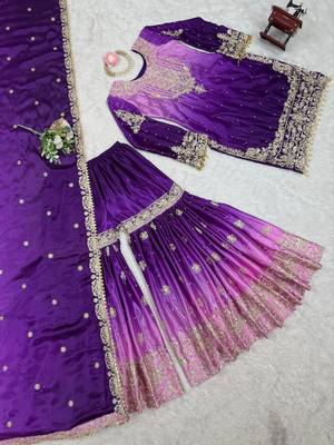 Purple Color Dori,Sequence And Rivet Moti Work Chinon Silk Top Bottom Dupatta Set 5