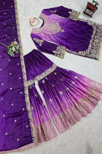 Purple Color Dori,Sequence And Rivet Moti Work Chinon Silk Top Bottom Dupatta Set