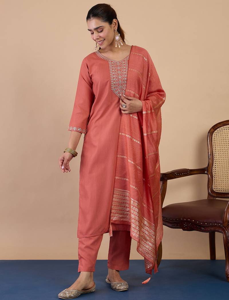 Peach women kurta pant dupatta set