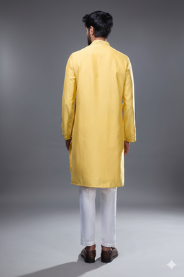 Yellow embroidered, mirror silk kurta pant 4