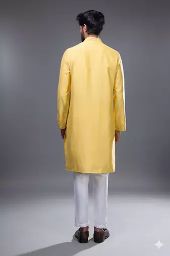Yellow embroidered, mirror silk kurta pant