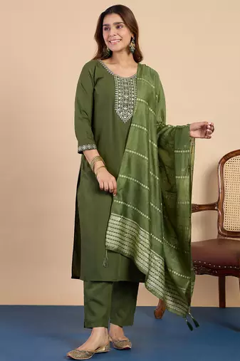 Green women kurta pant dupatta set