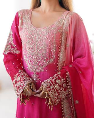 Rani Pink Color Dori,Sequence And Rivet Moti Work Chinon Silk Top Bottom Dupatta Set 2