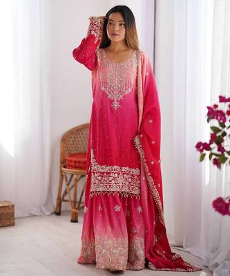 Rani Pink Color Dori,Sequence And Rivet Moti Work Chinon Silk Top Bottom Dupatta Set 1