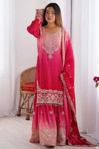 Rani Pink Color Dori,Sequence And Rivet Moti Work Chinon Silk Top Bottom Dupatta Set