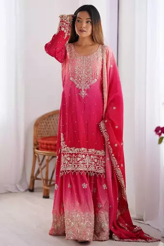 Rani Pink Color Dori,Sequence And Rivet Moti Work Chinon Silk Top Bottom Dupatta Set