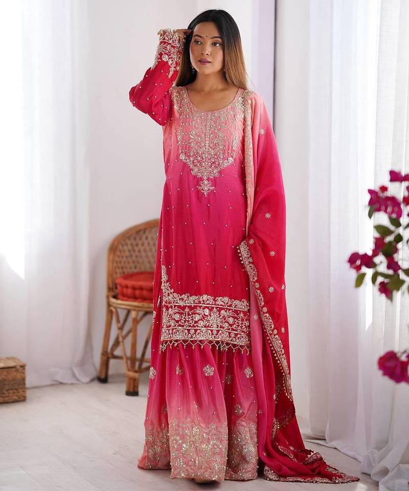 Rani Pink Color Dori,Sequence And Rivet Moti Work Chinon Silk Top Bottom Dupatta Set