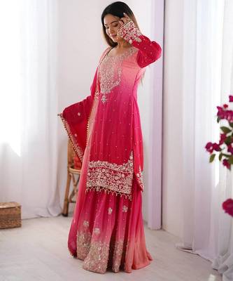 Rani Pink Color Dori,Sequence And Rivet Moti Work Chinon Silk Top Bottom Dupatta Set 3