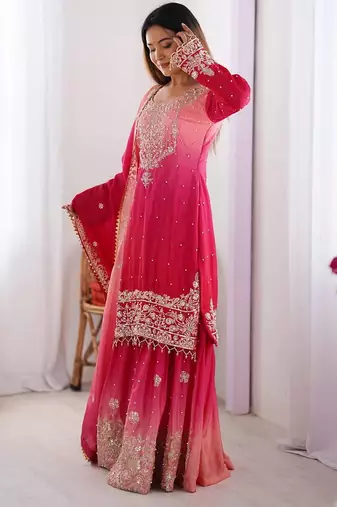 Rani Pink Color Dori,Sequence And Rivet Moti Work Chinon Silk Top Bottom Dupatta Set
