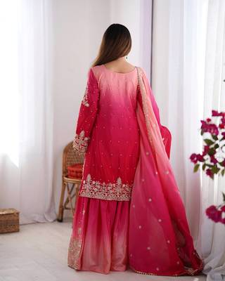 Rani Pink Color Dori,Sequence And Rivet Moti Work Chinon Silk Top Bottom Dupatta Set 4