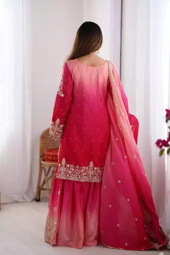 Rani Pink Color Dori,Sequence And Rivet Moti Work Chinon Silk Top Bottom Dupatta Set