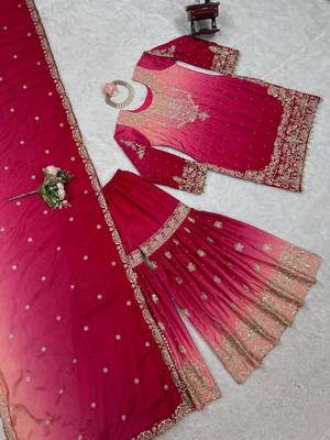 Rani Pink Color Dori,Sequence And Rivet Moti Work Chinon Silk Top Bottom Dupatta Set 5