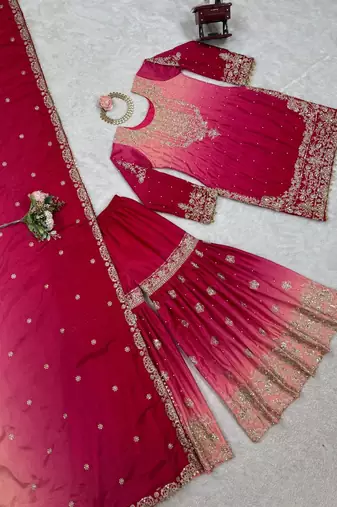 Rani Pink Color Dori,Sequence And Rivet Moti Work Chinon Silk Top Bottom Dupatta Set