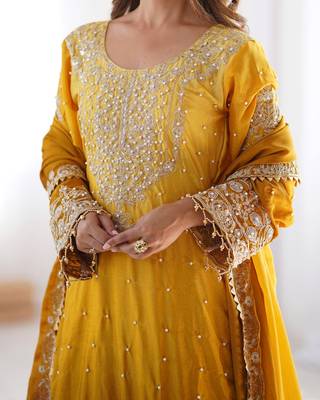 Yellow Color Dori,Sequence And Rivet Moti Work Chinon Silk Top Bottom Dupatta Set 2