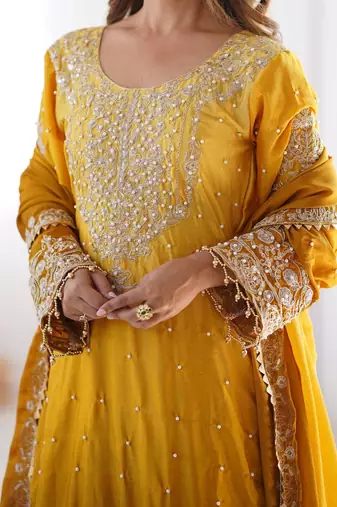 Yellow Color Dori,Sequence And Rivet Moti Work Chinon Silk Top Bottom Dupatta Set