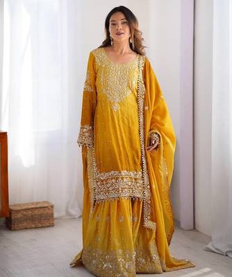 Yellow Color Dori,Sequence And Rivet Moti Work Chinon Silk Top Bottom Dupatta Set 1