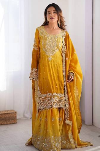 Yellow Color Dori,Sequence And Rivet Moti Work Chinon Silk Top Bottom Dupatta Set