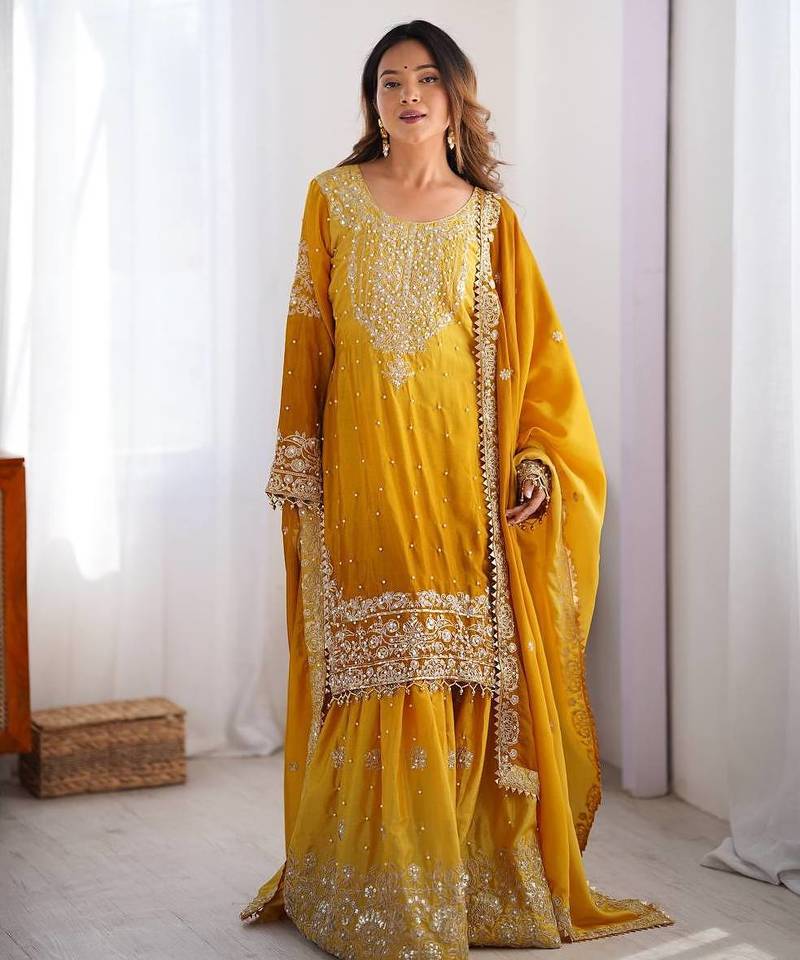 Yellow Color Dori,Sequence And Rivet Moti Work Chinon Silk Top Bottom Dupatta Set