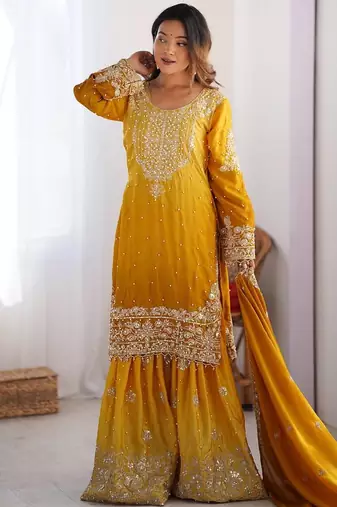 Yellow Color Dori,Sequence And Rivet Moti Work Chinon Silk Top Bottom Dupatta Set