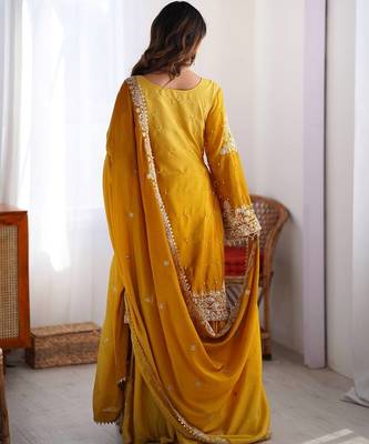 Yellow Color Dori,Sequence And Rivet Moti Work Chinon Silk Top Bottom Dupatta Set 4