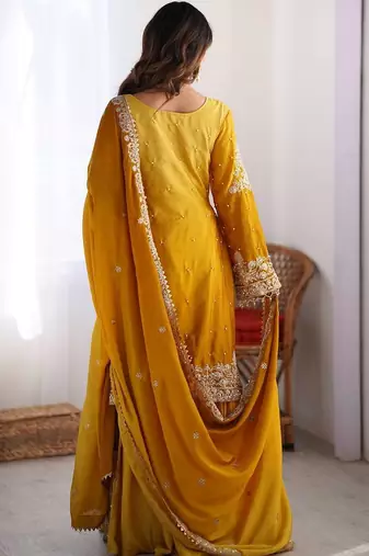 Yellow Color Dori,Sequence And Rivet Moti Work Chinon Silk Top Bottom Dupatta Set