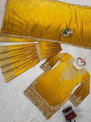 Yellow Color Dori,Sequence And Rivet Moti Work Chinon Silk Top Bottom Dupatta Set 5