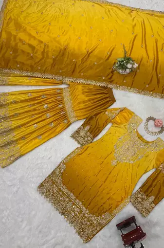 Yellow Color Dori,Sequence And Rivet Moti Work Chinon Silk Top Bottom Dupatta Set