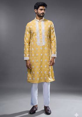 Yellow embroidered, mirror silk kurta pant 1