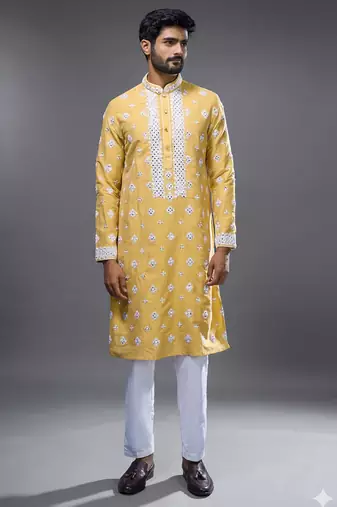 Yellow embroidered, mirror silk kurta pant
