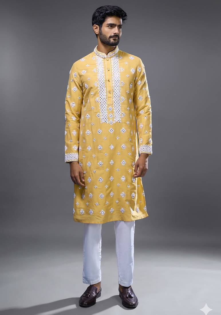 Yellow embroidered, mirror silk kurta pant