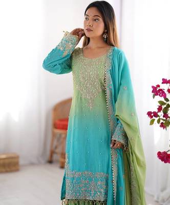 Sky Blue Color Dori,Sequence And Rivet Moti Work Chinon Silk Top Bottom Dupatta Set 2