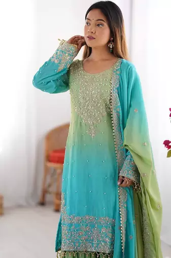 Sky Blue Color Dori,Sequence And Rivet Moti Work Chinon Silk Top Bottom Dupatta Set