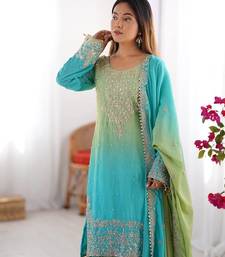 Sky Blue Color Dori,Sequence And Rivet Moti Work Chinon Silk Top Bottom Dupatta Set