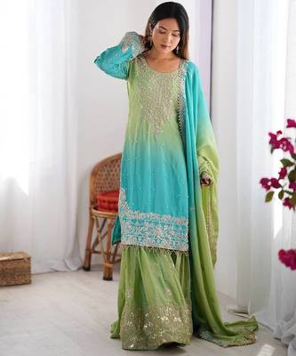 Sky Blue Color Dori,Sequence And Rivet Moti Work Chinon Silk Top Bottom Dupatta Set 1