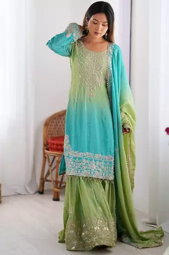 Sky Blue Color Dori,Sequence And Rivet Moti Work Chinon Silk Top Bottom Dupatta Set