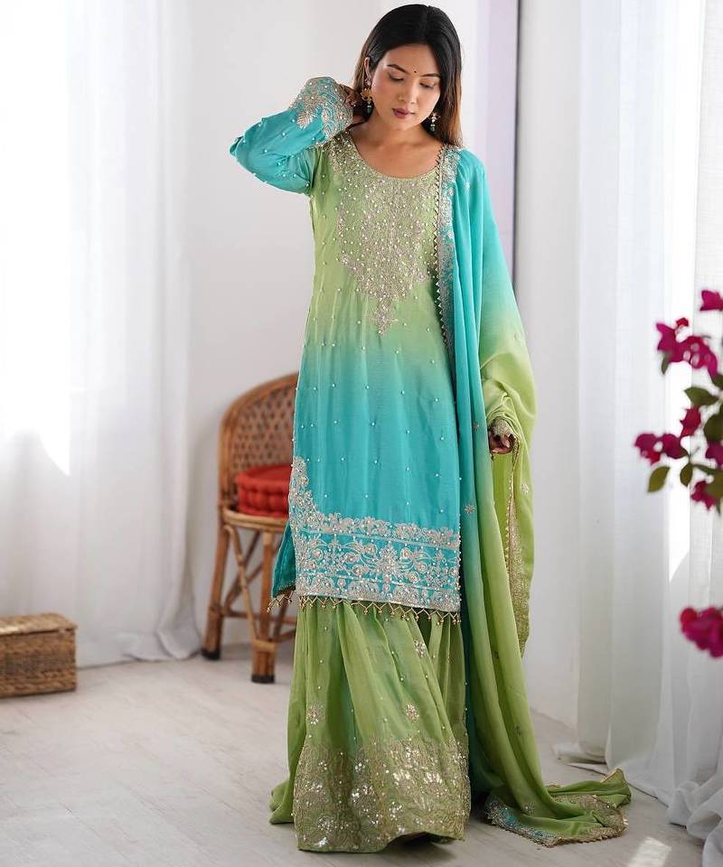 Sky Blue Color Dori,Sequence And Rivet Moti Work Chinon Silk Top Bottom Dupatta Set