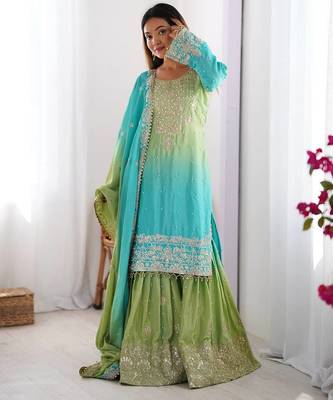 Sky Blue Color Dori,Sequence And Rivet Moti Work Chinon Silk Top Bottom Dupatta Set 3