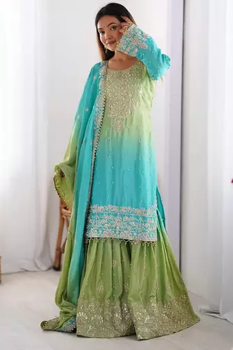 Sky Blue Color Dori,Sequence And Rivet Moti Work Chinon Silk Top Bottom Dupatta Set