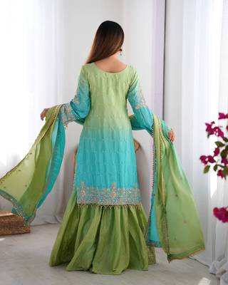 Sky Blue Color Dori,Sequence And Rivet Moti Work Chinon Silk Top Bottom Dupatta Set 4