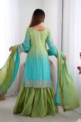 Sky Blue Color Dori,Sequence And Rivet Moti Work Chinon Silk Top Bottom Dupatta Set
