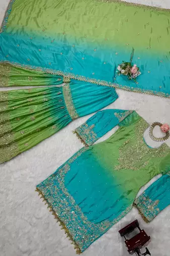 Sky Blue Color Dori,Sequence And Rivet Moti Work Chinon Silk Top Bottom Dupatta Set