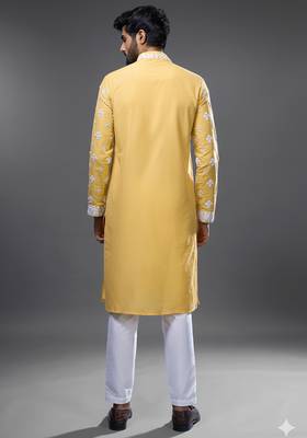 Yellow embroidered, mirror silk kurta pant 2