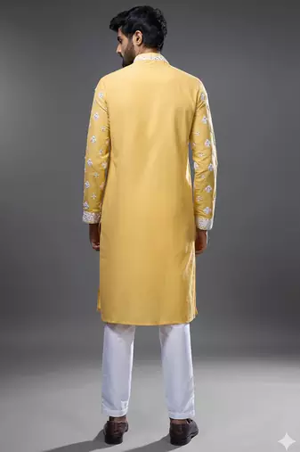 Yellow embroidered, mirror silk kurta pant