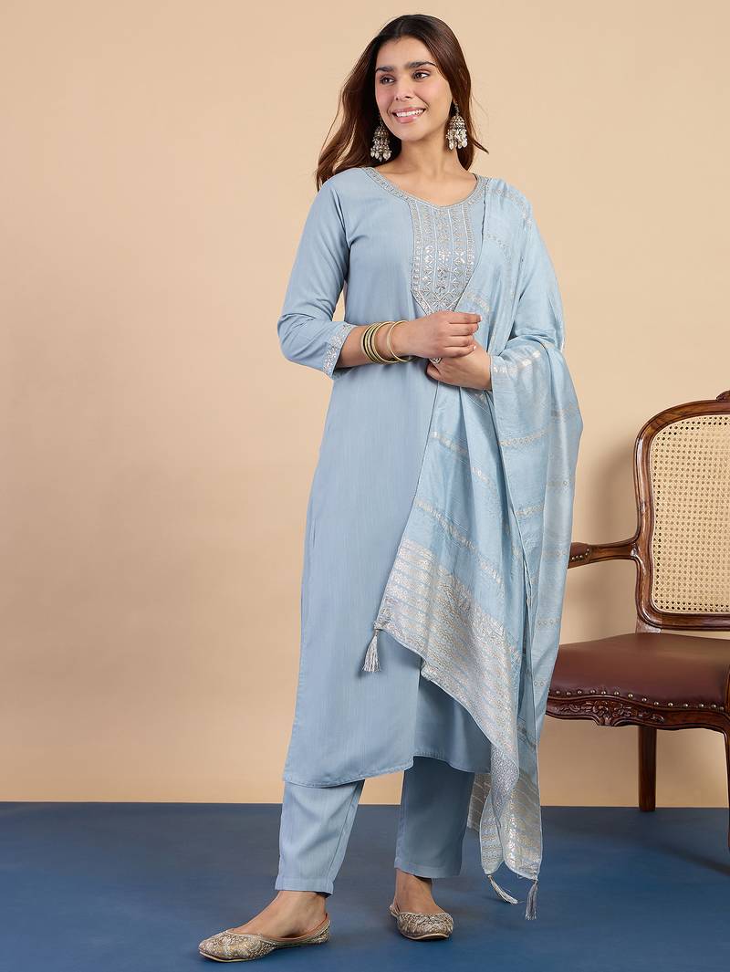 Grey women kurta pant dupatta set