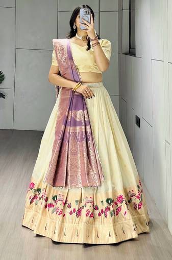 Purple Color Zari Weaving Work Paithani Silk Lehenga Choli With Unstitched Blouse